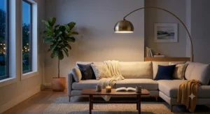 Large arc floor lamp casting a warm ambient glow over a cozy evening living room setup