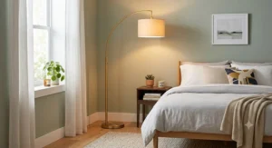 Warm gold arc floor lamp casting ambient lighting in a minimalist bedroom setting.