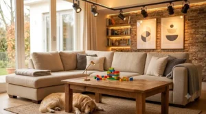Warm and cozy living room layout showcasing flexible LED track lighting ideas for comfortable ambient evening illumination.