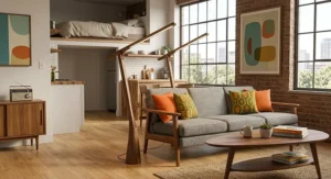 Mid-century modern wood LED floor lamps adding ambient light to a stylish studio apartment.