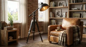 Adjustable height industrial tripod floor lamp with exposed hardware in a cozy reading corner