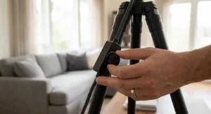 Detailed view of the inline dimmer switch and fabric cord on an adjustable tripod floor lamp