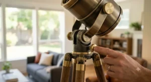 Close-up illustration of the multi-angle swivel head mechanism on an adjustable tripod spotlight lamp