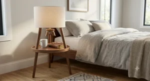 Space-saving itripod floor lamp with table used as a functional bedside nightstand in a cozy bedroom
