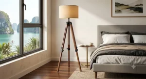 Adjustable height wooden tripod floor lamp positioned beside a bed in a modern bedroom