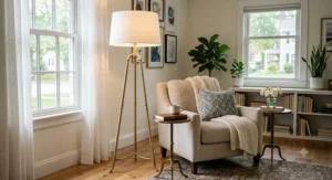 Brushed brass tripod floor lamp with a white linen drum shade next to an armchair
