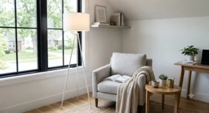 Minimalist white tripod floor lamp brightening up a modern home office reading corner