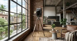 Vintage camera style tripod floor lamp standing in an open concept industrial loft