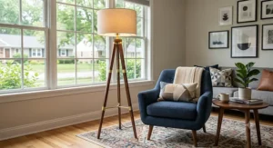 Walnut wood tripod floor lamp with brass accents illuminating a contemporary seating area