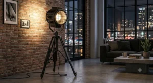 Black metal searchlight industrial tripod floor lamp providing accent lighting in an urban loft