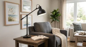 Matte black metal table lamp providing direct reading light beside a comfortable living room armchair