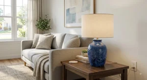 Handcrafted blue ceramic table lamp with textured glaze on a bedroom nightstand