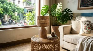 Bohemian style small woven rattan table lamp sitting on a woven rattan side table.