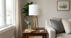 Warm brass table lamp with a white fabric shade illuminating a cozy living room side table