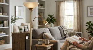 Brass torchiere lamp with an adjustable gooseneck reading light beside a couch