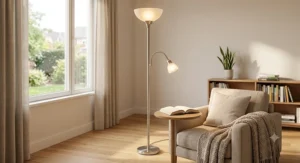 Brushed nickel torchiere lamp with reading light next to a comfortable armchair