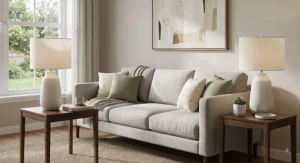 Pair of contemporary white textured ceramic table lamps with off-white linen shades framing a living room sofa