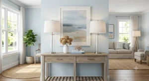 Clear glass buffet table lamps adding height to a modern transitional living room layout