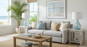 Set of 2 coastal modern table lamps with soft blue blown-glass bases and white linen shades in a bright living space