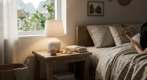 White ceramic small table lamp casting warm light on a nightstand side table next to a bed.