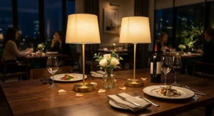 Pair of contemporary battery-operated cordless table lamps creating romantic ambient lighting for a restaurant dinner