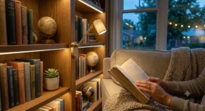Compact cordless rechargeable reading lamp accenting a cozy reading nook armchair and wooden bookshelf