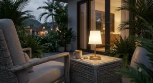 Sleek cordless small table lamp glowing softly on a patio side table during evening.