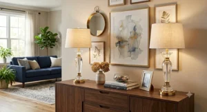 Crystal accent buffet table lamps casting warm light over living room wall decor