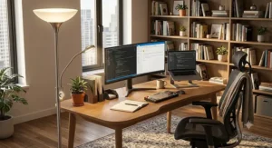 Dimmable LED torchiere lamp with reading light illuminating a home office space