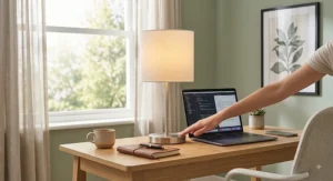 Dimmable LED touch control table lamp illuminating a laptop and desk setup in a contemporary home office