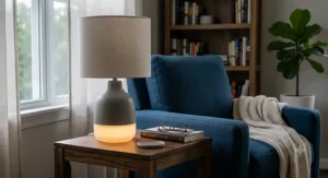 Dimmable table lamp with soft night light base switched on beside a comfortable reading chair.