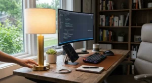 Dimmable touch control USB table lamp providing warm lighting on a home office computer desk