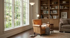 Contemporary double light torchiere lamp with flexible reading arm in a sitting room