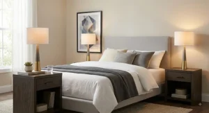 Pair of modern brushed gold table lamps providing warm accent lighting beside a upholstered king bed