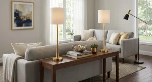 Elegant slim gold buffet table lamps accenting a sofa table in a contemporary living room