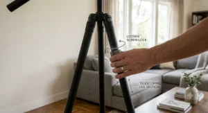 Instructional illustration demonstrating how to loosen screw locks to adjust tripod floor lamp height