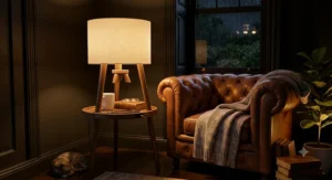 Warm ambient glow emitting from an illuminated itripod floor lamp with table in a dark reading nook