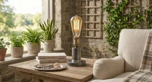 Industrial style touch control table lamp showcasing an exposed amber Edison bulb on a rustic side table