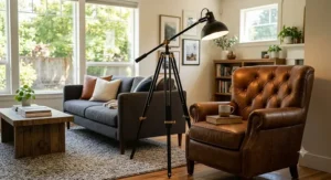 Black industrial metal adjustable tripod floor lamp standing next to a leather reading chair