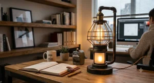 Industrial metal table lamp with dual illumination night light setting in a modern home office.