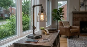 Industrial style metal USB table lamp featuring dual USB charging ports powering a smartphone