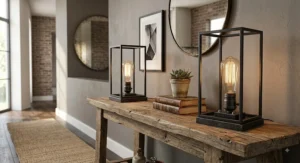 Industrial modern table lamps set of 2 with exposed Edison bulbs and black metal frames on a rustic console table
