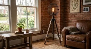 Industrial tripod floor lamp with a cage shade displaying a warm glowing Edison filament bulb