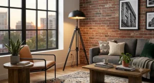 Industrial tripod floor lamp with a matte black shade illuminating a modern living room