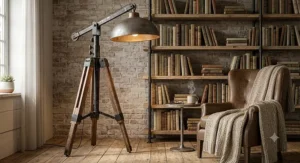 Industrial style wood tripod floor lamp positioned beside a cozy reading nook bookshelf