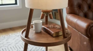 Close-up detail of the round wooden shelf on an itripod floor lamp with table holding a coffee mug and book