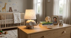 Child friendly table lamp with gentle amber night light providing soft lighting on a nursery dresser.