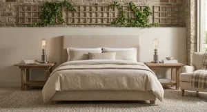 Set of two matching brushed nickel touch control table lamps flanking a bed in a master suite