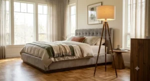 Mid-century modern adjustable tripod floor lamp with a linen drum shade in a master bedroom