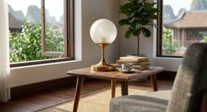 Mid-century modern mini table lamp with a globe shade on a tapered-leg side table.